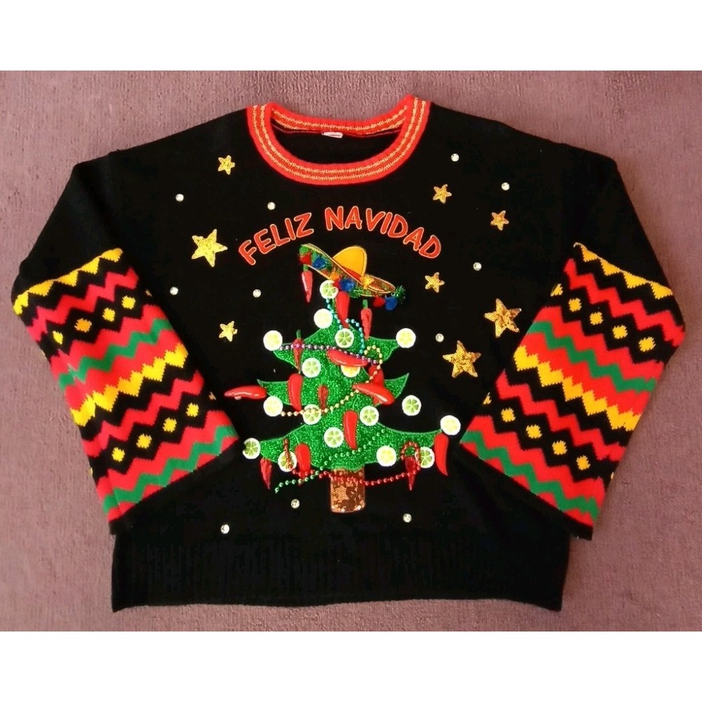 Feliz Navidad Christmas Sweater Womens Medium Sequin Beaded Peppers Tassels‎
